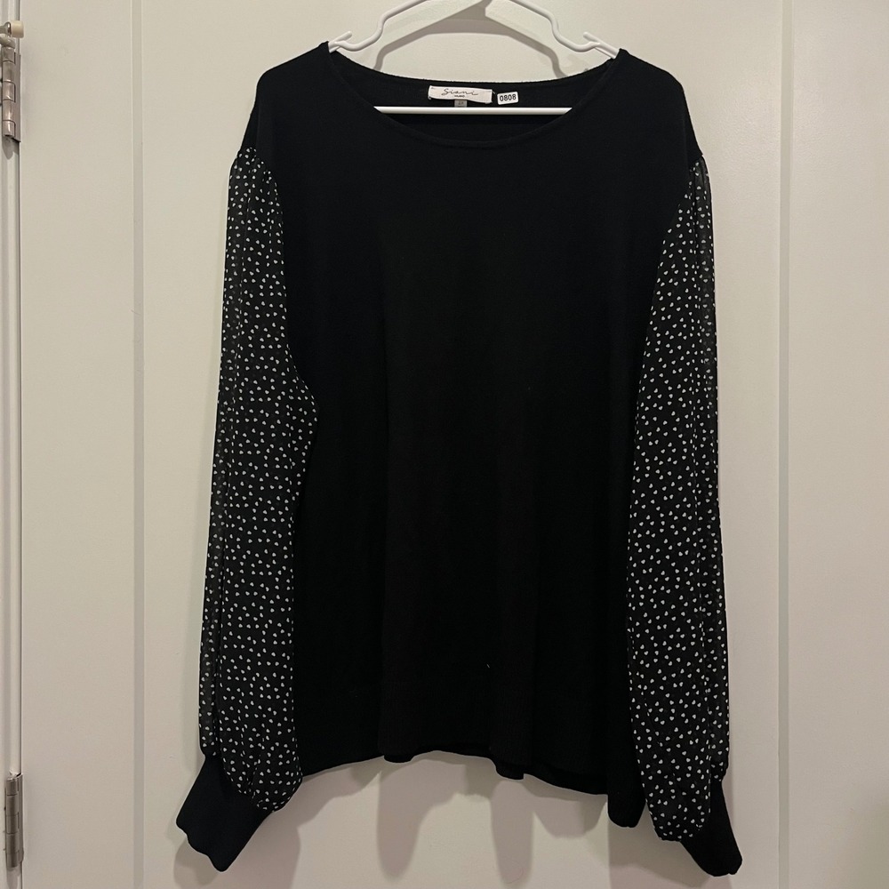 Siani Milano Womens 2X Black Heart Print Sheer‎ Chiffon Sleeve Knit Top Blouse